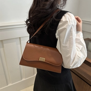 French style brown crossbody shoulder bag with wavy edge cover and golden buckle