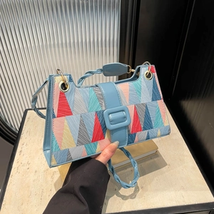 Geometric Triangle Print PU Leather Underarm Baguette Bag Women Color Block Flap Rectangular Chic Woven Strap Handbag
