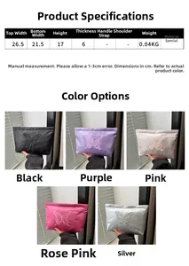 Size chart and dimensions for the butterfly embroidered organizer bag in multiple colors