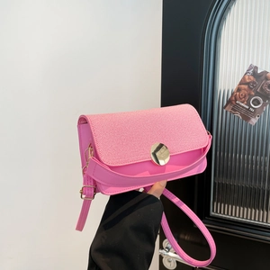 Pink vintage PU leather crossbody bag with woven flap and golden metal buckle