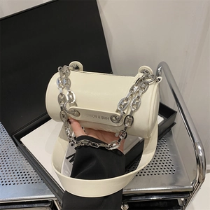 Women Cylinder Shoulder Bag PU Leather Trendy Crossbody Bag With Silver Metal Chain And Wide Strap