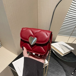 Mode Femmes Mini Sac en Bandoulière Matelassé avec Serrure Coeur Cuir PU Chaîne Petit Sac de Téléphone Carré