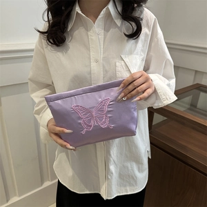 Purple satin butterfly embroidered handbag clutch and cosmetic bag for women