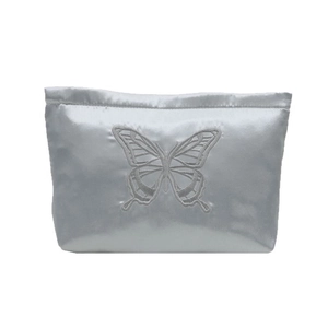 Elegant satin makeup bag featuring exquisite butterfly embroidery in light blue silver finish