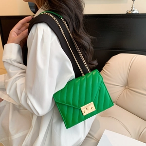 Women's Quilted V-Pattern PU Leather Crossbody Bag Gold Chain Strap Metal Lock Small Square Shoulder Bag Daily Fashion