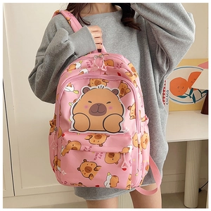 Detailed view of the cute pink Capybara print backpack with durable zippers and side pockets