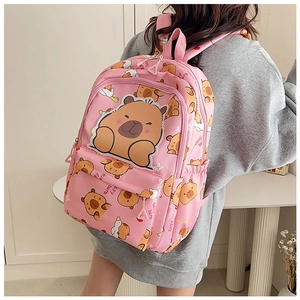Pink cartoon backpack with Capybara print and multiple pockets shown on model