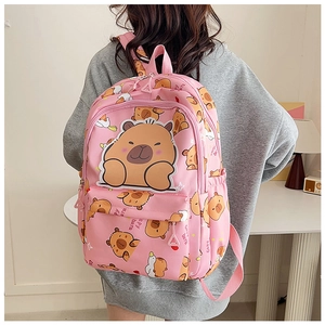 Detail of pink Capybara backpack showing multi-pocket design and cute cartoon patterns