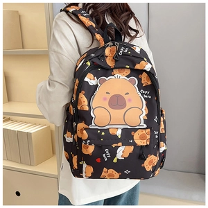 Close-up of black backpack with cute Capybara patterns and padded shoulder straps for comfort