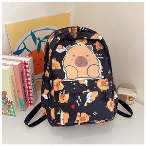 Detail of cute capybara print backpack with multiple pockets and durable canvas texture