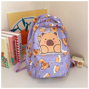 Detail of cute purple capybara backpack with cartoon prints and zippered front pocket