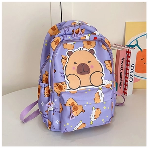 Close-up of purple backpack with Capybara cartoon print and multi-pocket storage