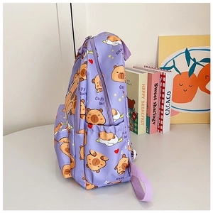 Detail of purple backpack with cute capybara print and side elastic pocket feature