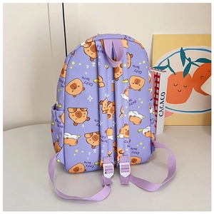 Detail view of the ergonomic adjustable padded shoulder straps on the purple capybara backpack