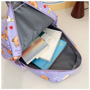Interior view of large capacity purple student backpack with cute capybara print