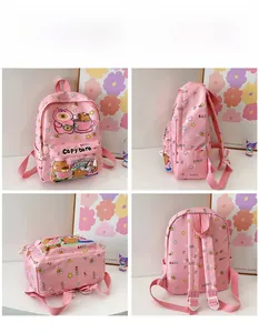 Detailed views of pink backpack with cartoon capybara prints and adjustable straps