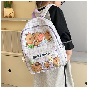 Detail of cute Capybara cartoon printed backpack for school kids with checkered pattern