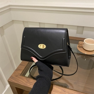 Close-up of black crossbody bag featuring a golden oval twist lock and smooth leather