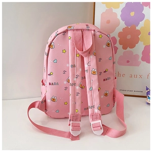 Detail of pink cartoon backpack featuring cute Capybara prints and adjustable straps