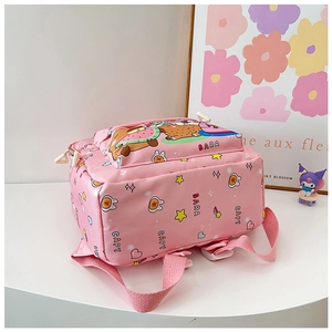Close-up of pink school backpack featuring cute Capybara print and durable white zipper detail