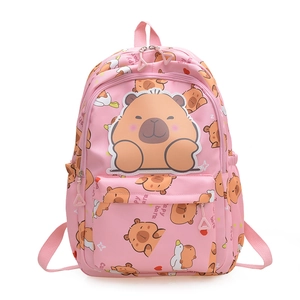Pink Capybara cartoon backpack with large capacity and cute prints for school students