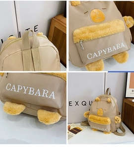 Detail view of khaki capybara plush backpack showing embroidery and soft plush straps