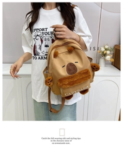 Detail of cute brown plush Capybara backpack with 3D ears and adjustable shoulder straps