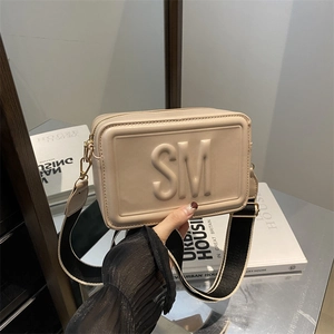 Women Fashion Small Square Bag Embossed Letter Camera Bag With Wide Striped Strap PU Leather Crossbody Shoulder Bag
