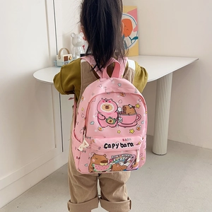 Cute pink capybara backpack for preschool girls with spacious main compartment and prints