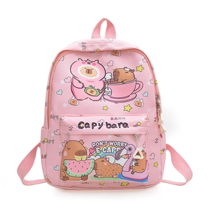 Pink cartoon capybara backpack for girls with waterproof nylon and cute animal prints