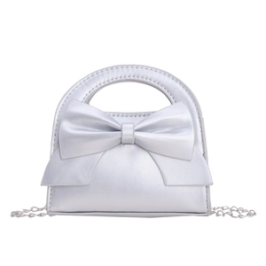 Silver bow mini handbag for girls with metallic finish and delicate silver chain strap