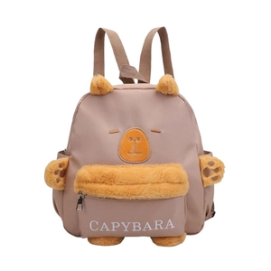 Cute Capybara plush backpack for girls with fuzzy ears and embroidery on khaki canvas