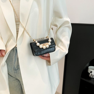 Black crocodile pattern mini square bag with pearl handle and golden chain strap