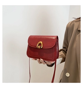 Macro detail of wine red leather bag featuring a vintage gold U-shaped metal clasp