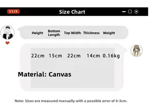 Detaillierte Größentabelle für Canvas-Tasche mit Maßen 22cm Höhe und 0.16kg Gewicht