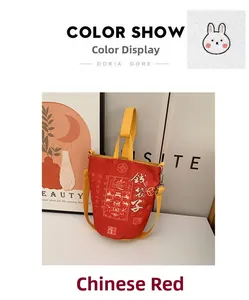 Detail der roten Canvas-Beuteltasche mit gelben Griffen und chinesischer Kalligrafie