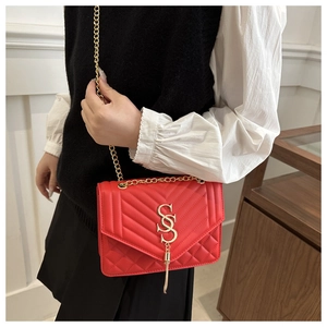 Detail of red quilted shoulder bag featuring gold chain strap and elegant metal tassels