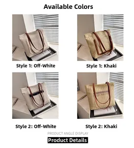 Detalle de bolsos tipo tote de paja en beige y caqui con borlas decorativas y asas de cuero