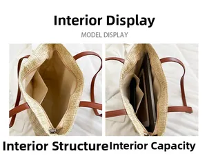 Detalle del interior espacioso del bolso de paja con compartimentos para tableta y móvil