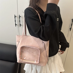 Pink tote bag with transparent display window and long shoulder straps for casual use