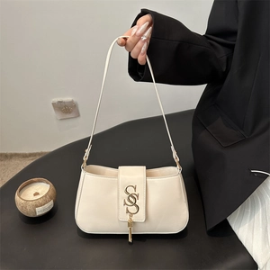 Chic off-white crescent underarm bag with gold SS metal buckle for modern women