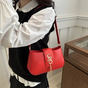 Minimalist red crescent shoulder bag with golden S-shaped buckle and tassel detail