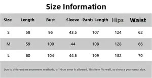 Detaillierte Größentabelle für Damen Hemd und Hose Set mit S bis L Maßangaben in Zentimetern