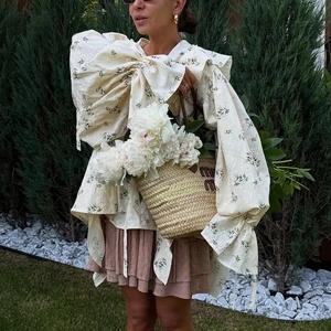 French floral ruffle shirt with bow and layered lace skirt for a romantic summer look