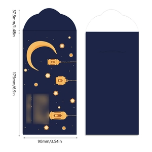 Enveloppes d'argent de fête arabe avec motifs de lune dorée et lanternes en bleu foncé