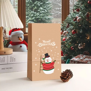 Détail d'un sac cadeau de Noël en papier avec bonhomme de neige sur un rebord de fenêtre