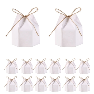 White hexagonal paper gift boxes with brown hemp rope bows in a multi-pack display