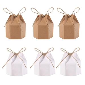 European hexagonal kraft paper candy gift boxes with twine bows in white and brown colors