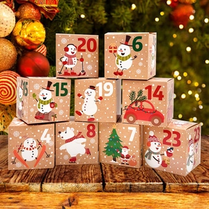Close-up of kraft paper Christmas advent calendar boxes with colorful festive illustrations