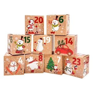Close-up of numbered kraft paper Christmas advent calendar boxes with festive illustrations
